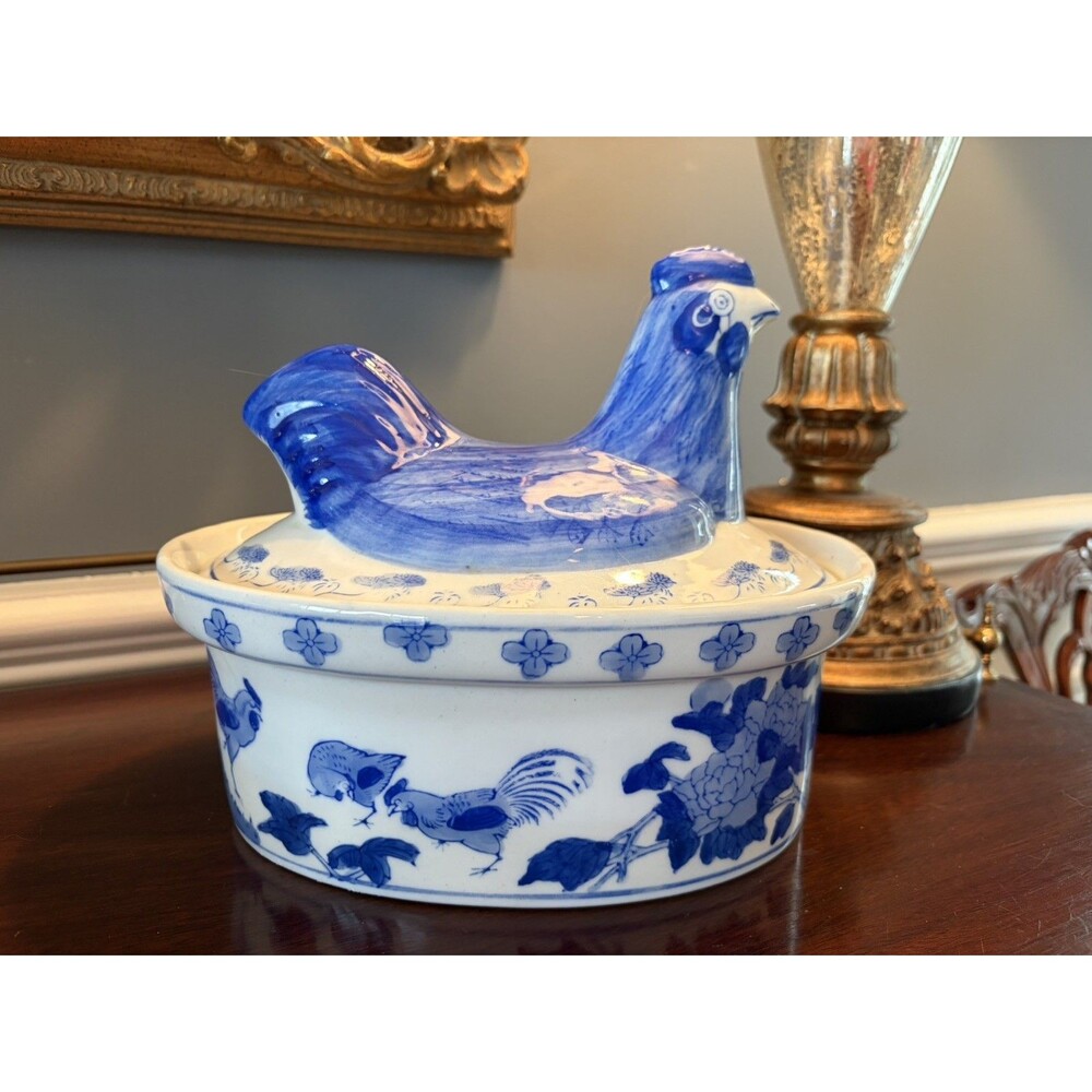 Vintage Ceramic Hen Chicken on Nest Lidded Tureen Casserole Blue and White